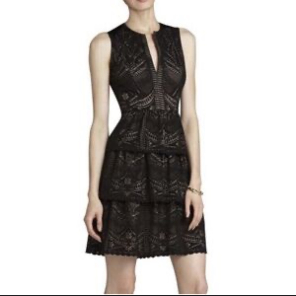 Black lace BCBG mini dress. Zip back